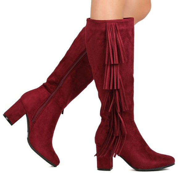 *Sz 6.5 left*Burgundy Fringe Knee High Suede Boots - Picture 2 of 4